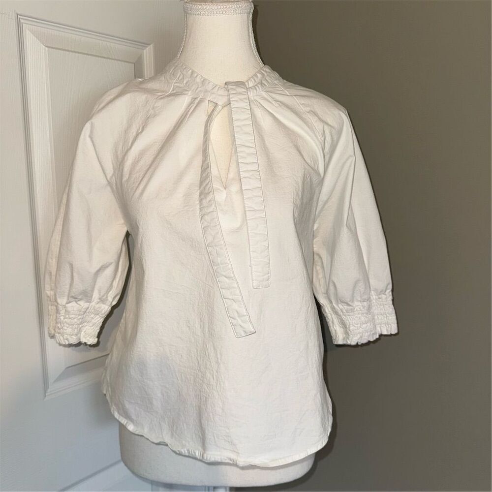 Evereve Women's White Poplin Tie-Up Neck Blouse Size M 3/4 Smocked Cuffs Boho‎